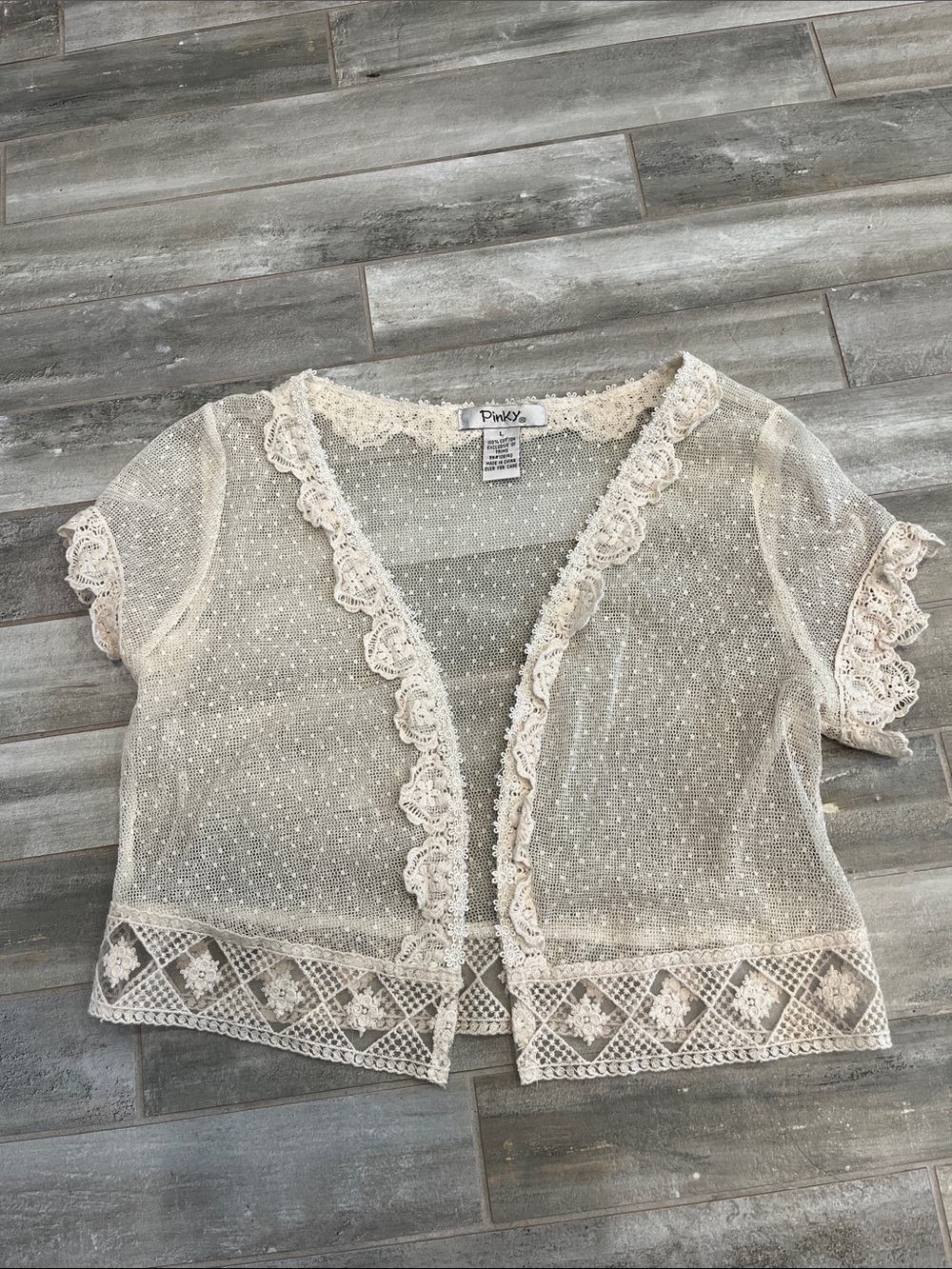 Pinky Cream Crochet Short Sleeve Sheer Cardigan